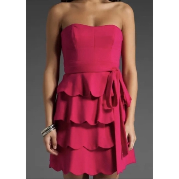 Cynthia Steffe Sz 8 Pink Tiered Scalloped Layered m Ponte Knit Strapless Dress - Picture 3 of 12
